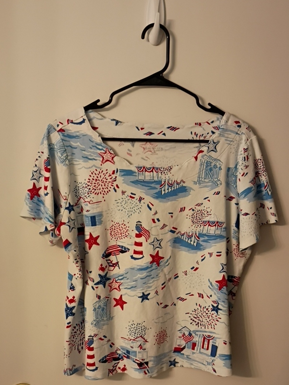 Patriotic Lighthouse Print Short Sleeve Top - Red, Blue, White